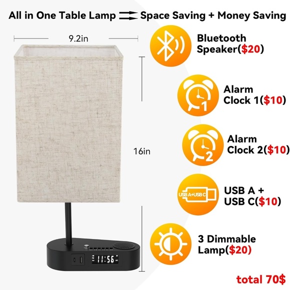 Table Lamps for Bedroom with Bluetooth Alarm Clocks,USB Ports Nightstand - Picture 5 of 9